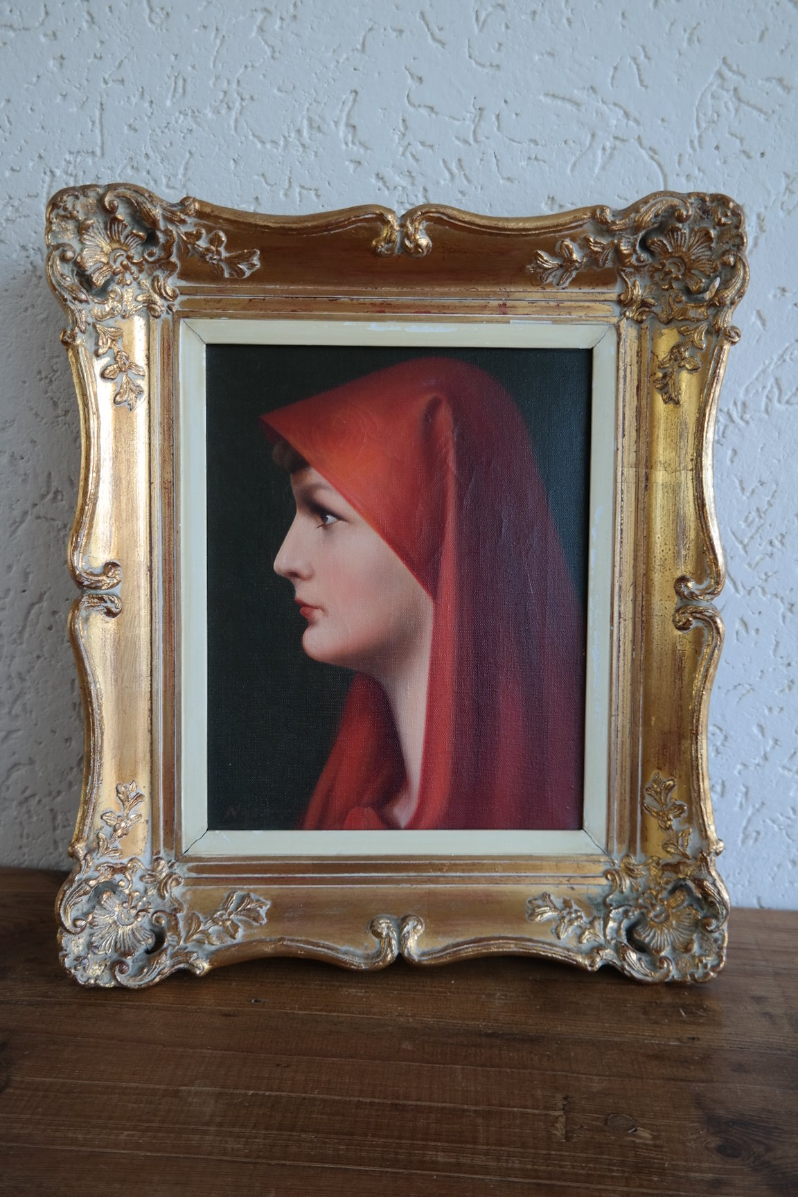 Schilderij vrouw met rode hoofddoek (schilder Naert) | Brocante
